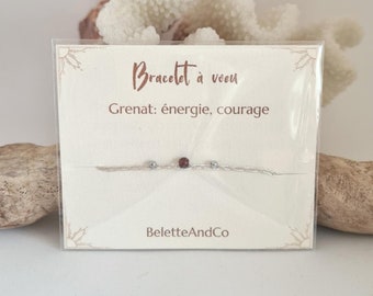 Bracelet à vœu - Grenat et fils argentés tressés à la main - Energie, courage, tonification -