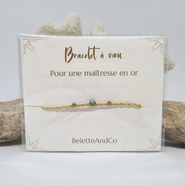 Bracelet à voeu avec message - Pour une maîtresse en or - Pierre fine et fils tressés à la main -