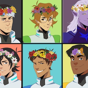 May include: Six cartoon characters with different hairstyles and skin tones wearing flower crowns. Each character is wearing a white and blue uniform with a turquoise accent. The background is a grid of six different colored squares.