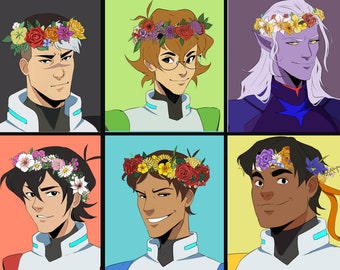 May include: Six cartoon characters with different hairstyles and skin tones wearing flower crowns. Each character is wearing a white and blue uniform with a turquoise accent. The background is a grid of six different colored squares.