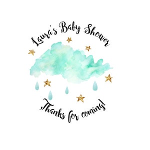 May include: A baby shower thank you tag featuring a blue watercolour cloud and gold glitter stars. The text reads "Laura's Baby Shower Thanks for coming!"
