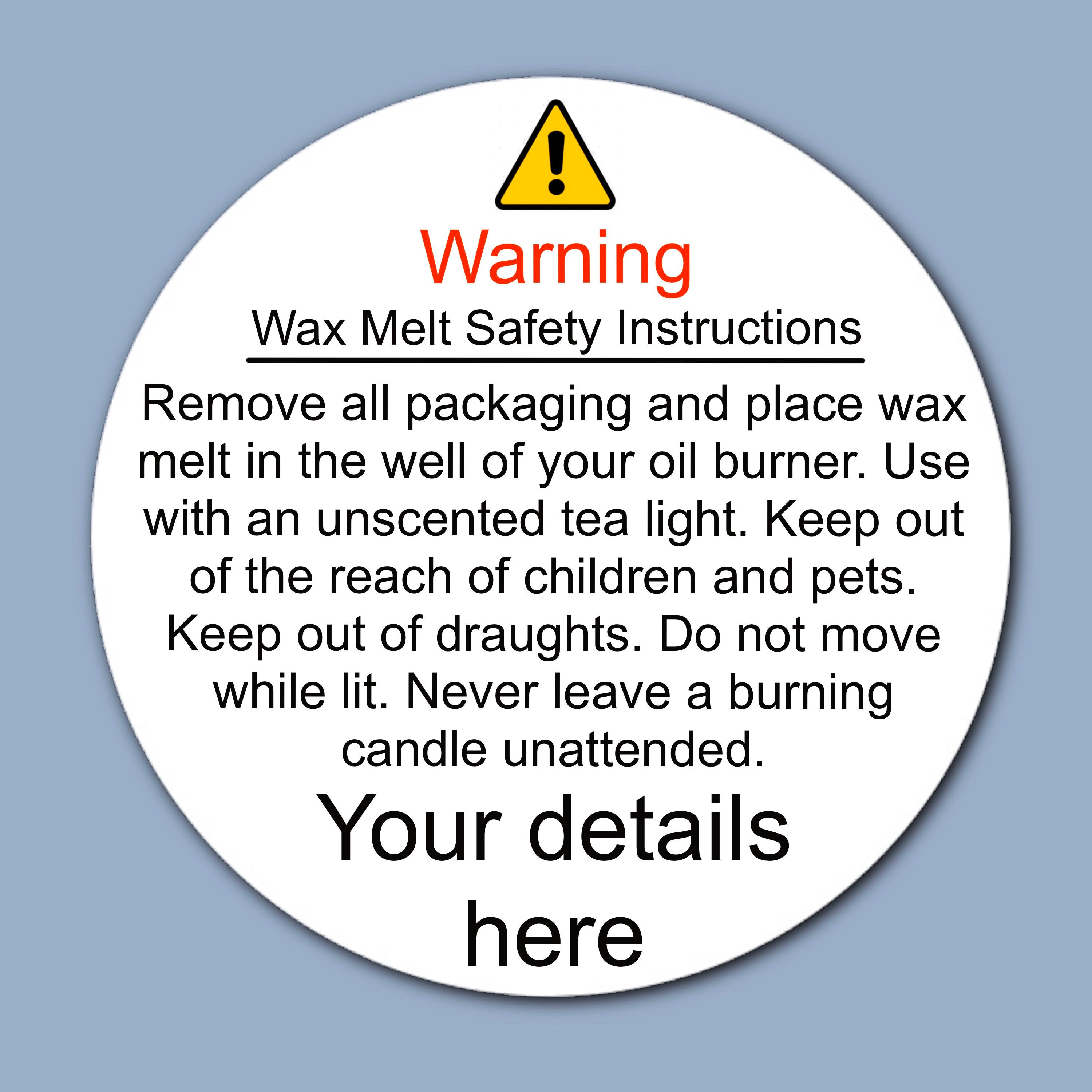 4.3cm Wax melt safety Business stickers warning about dangers of burning  candles or using wax melts (24 stickers)