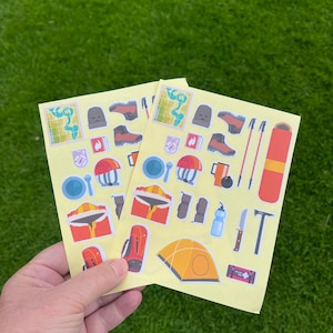 42 Adesivos de acampamento 1,5 cm a 7 cm barraca mochila de caminhada botas bastões fósforos bússola