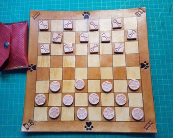 Handmade leather dog inspired draughts set checkers chess board terrier airedale