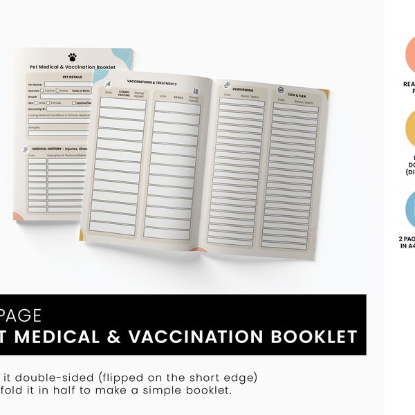 Pet Vaccination Record Printable Booklet | Pet Health | Pet Organizer | Dog Profile | Cat Profile | Vet Record | Vet Visit