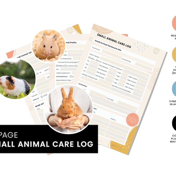 Small Animal Care Log | Printable | Pet Care Planner | Pet Maintenance | Pet Health | Organizer | Rabbit | Hamster | Hedgehog | Guinea Pig