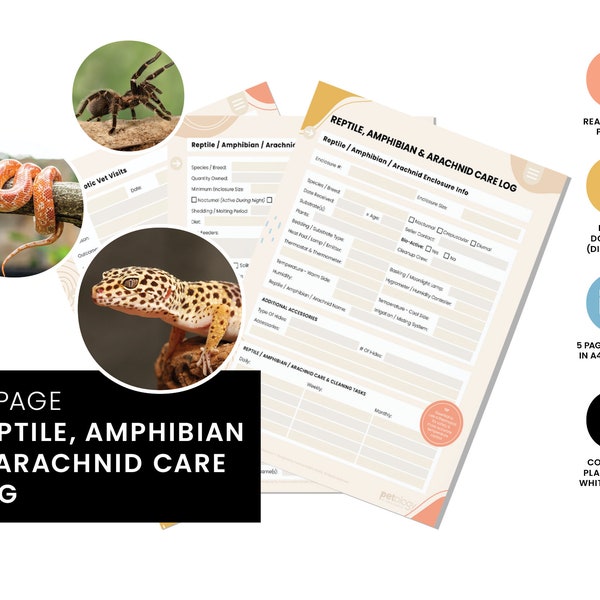 Reptile, Amphibian & Arachnid Care Log | Printable | Pet Care Planner | Pet Maintenance | Pet Health | Organizer | Lizard | Gecko | Spider