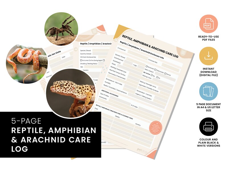 Reptile, Amphibian & Arachnid Care Log Printable Pet Care Planner Pet