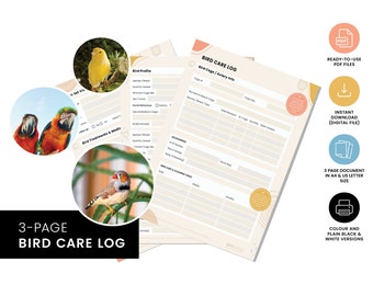 Bird Care Log | Printable | Pet Care Planner | Pet Health Tracker & Organizer | Parrot | Finch | Canary | Dove | Budgie | Cockatiel