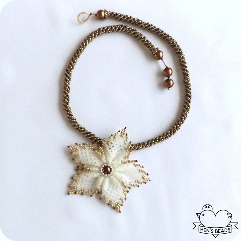 Gold Handmade Beaded Pendant Necklace Star of Christmas White FREE Earrings Christmas Jewelry Set FREE UK Delivery!