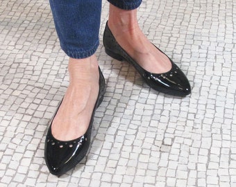 Black Leather Pointed Toe Flats Black 