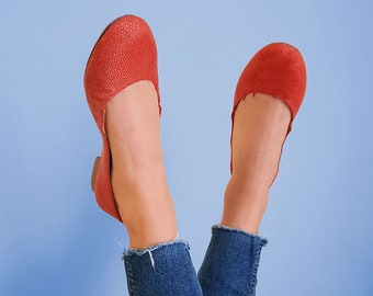 Coral leather ballet flats, coral leather ballerinas, Leather ballet flats, Women leather ballet flats, Handmade women shoes
