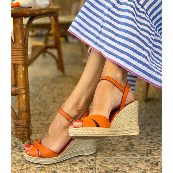 Orange leather wedge espadrilles, women leather espadrilles wedge sandal, orange leather women wedge sandals, low heel wedge sandal