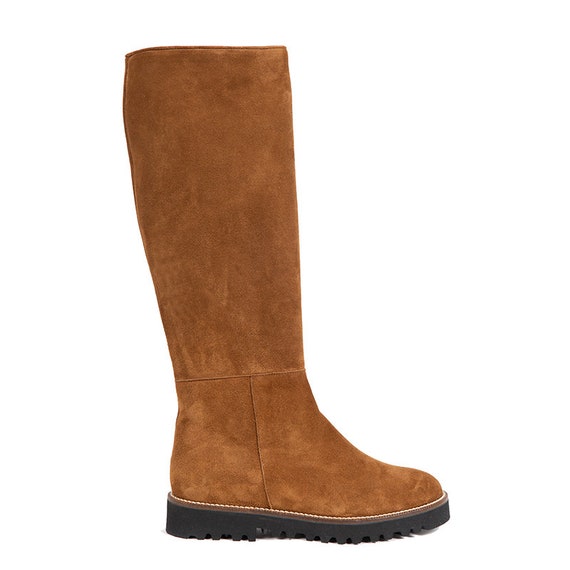 Beige Leather Flat Knee High Boots Rubber Sole - Flat Sole Leather Knee High Boots Beige Leather Flat Knee High Boots Rubber Sole - Flat Sole Leather Knee High Boots