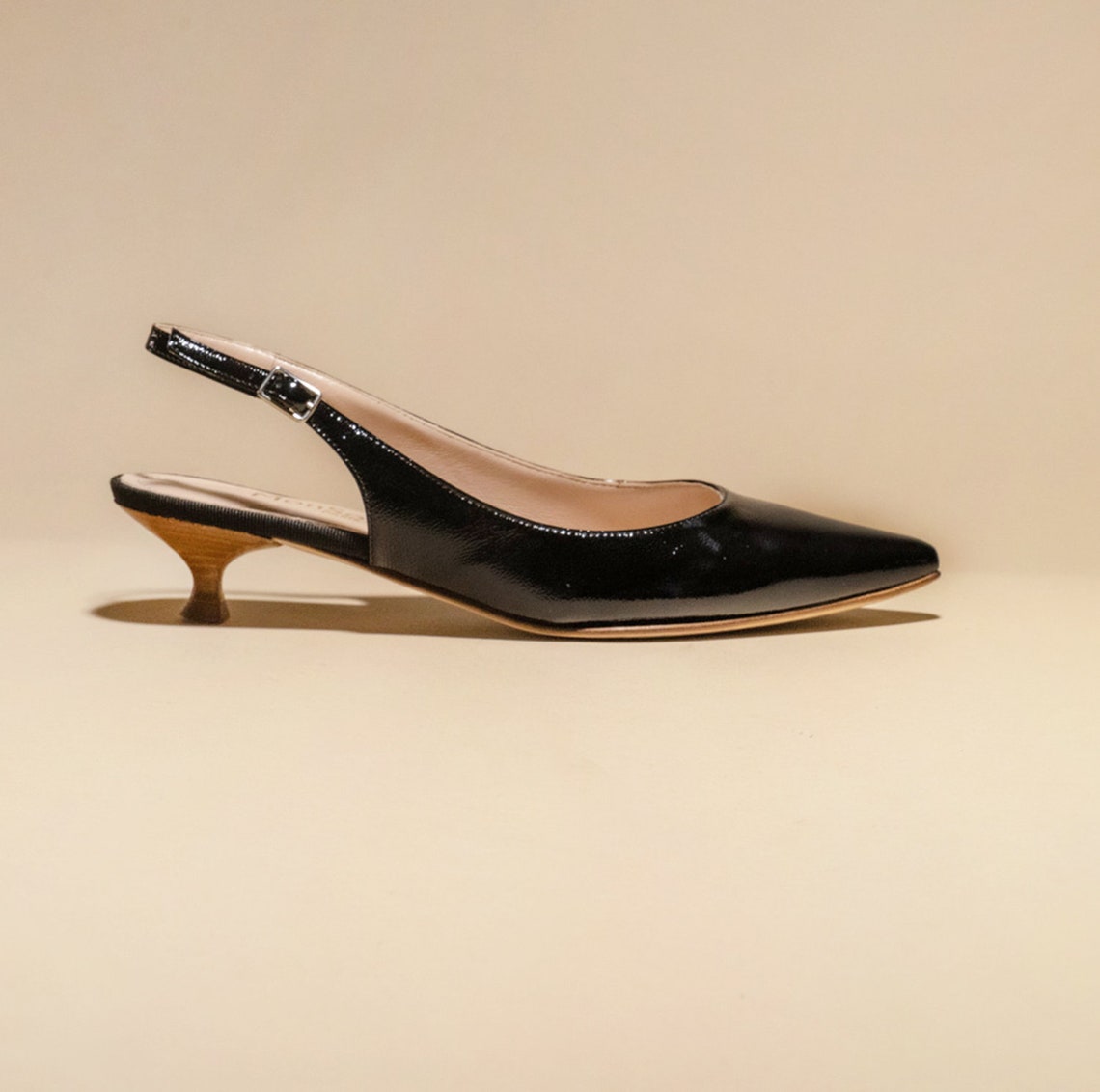 Black Leather Pointy Kitten Heel Pump, Black Patent Leather Kitten Heel ...