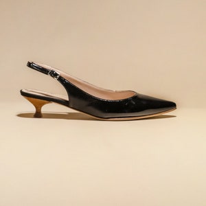Black leather pointy kitten heel pump, black patent leather kitten heel slingback, black leather pointy slingback, pointy leather slingback