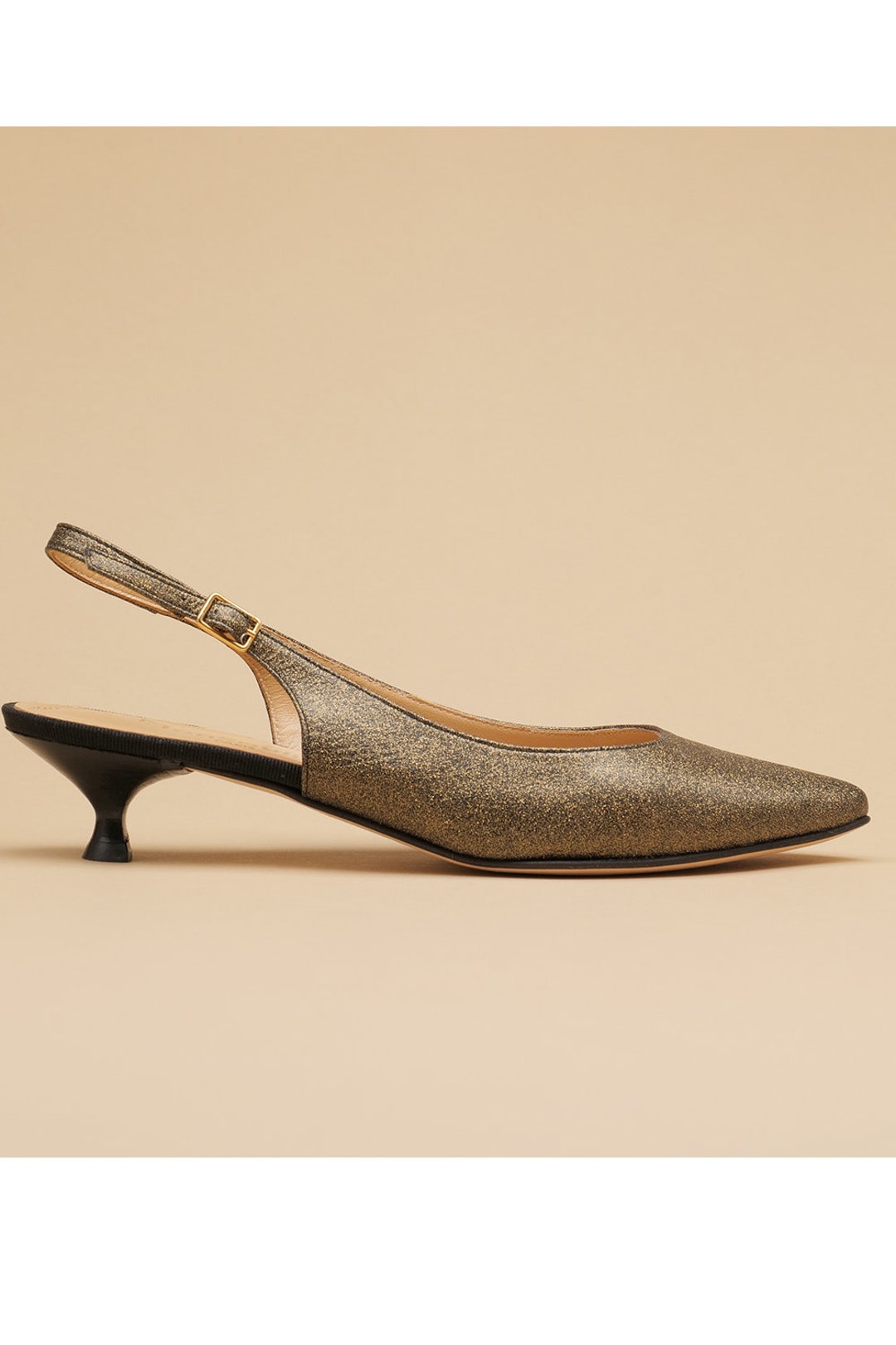 Black Leather Glitter Pointy Kitten Heel Pump, Gold Kitten Heel ...