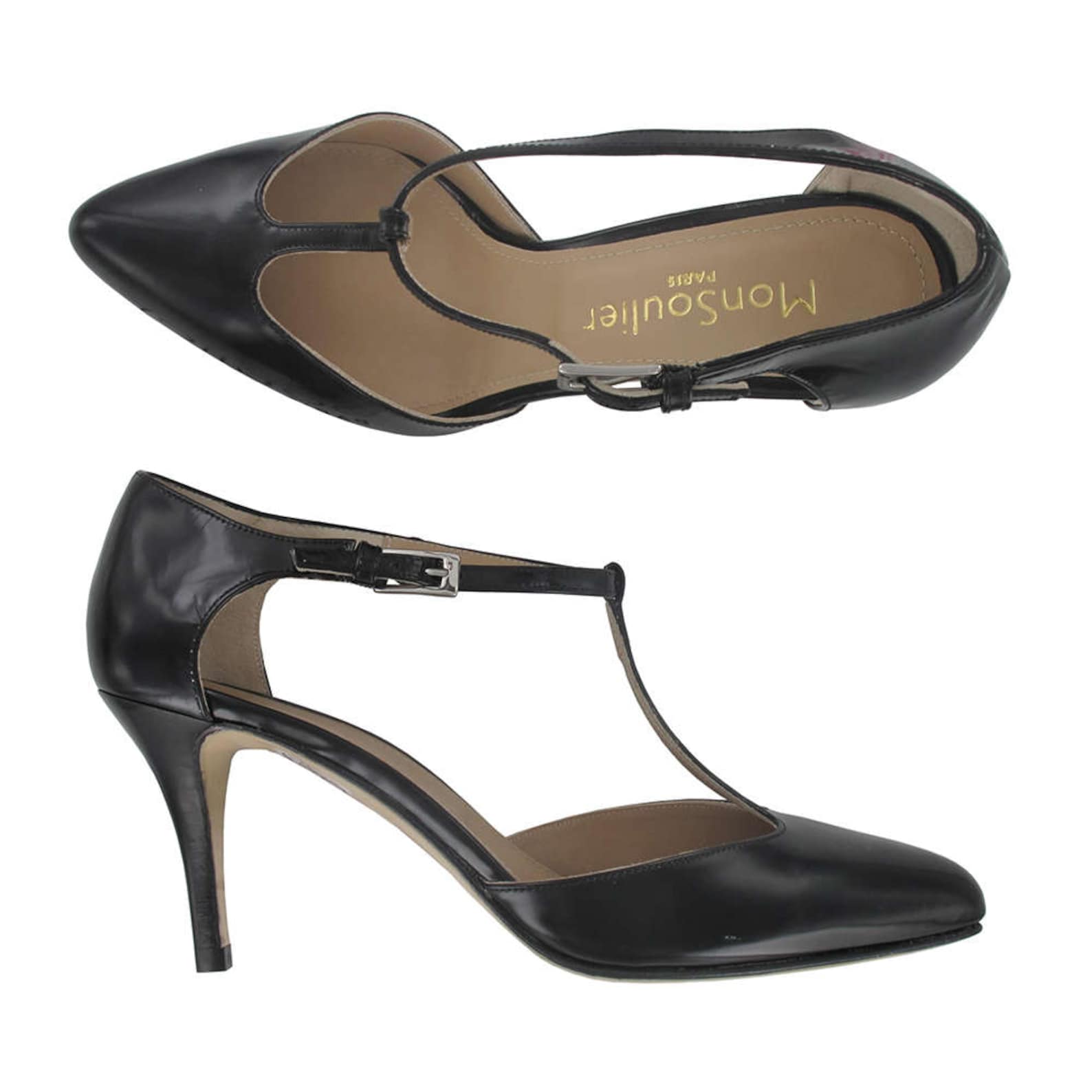 Black leather pointy t strap pump Black leather shoes Women Etsy