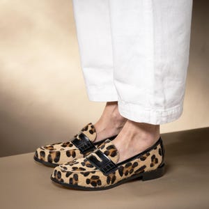 Woman leopard print loafer, woman loafer, Leopard print flat shoes, leather woman loafer image 7