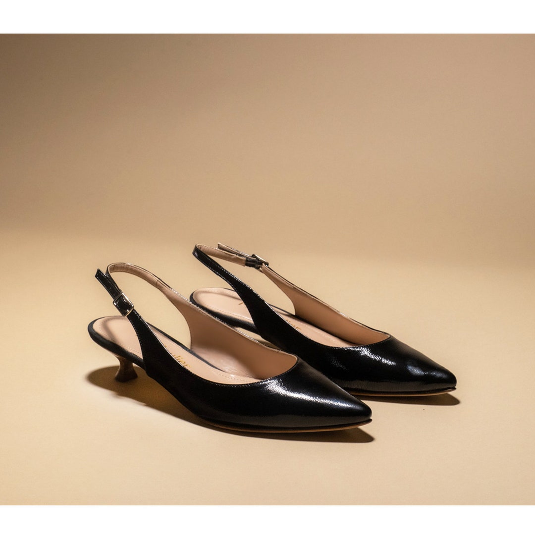 Black Leather Pointy Kitten Heel Pump, Black Patent Leather Kitten Heel ...