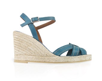 Blue leather wedge espadrilles, women leather espadrilles wedge sandal, blue leather women wedge sandals, low heel wedge sandal