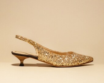 Gold glitter pointy kitten heel pump, gold kitten heel slingback, glitter pointy shoes, gold pointy balletflats