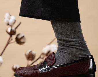 Burgundy pony leather woman loafers, Woman leather loafers, bicolore woman loafers