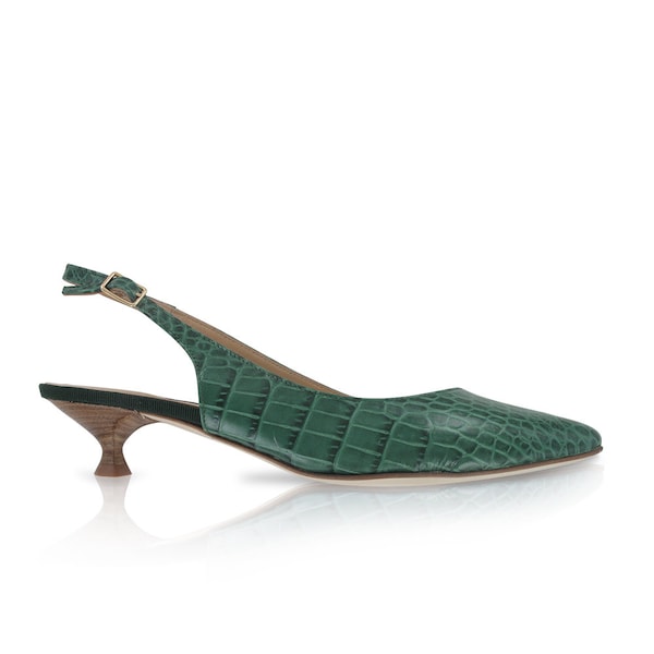 Green leather pointy kitten heel pump, Green crocodile stamped  kitten heel slingback, green leather pointy shoes, pointy balletflats