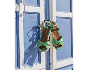 Green leather low heel wedge espadrilles, women low heel leather espadrilles wedge sandal, low heel wedge sandal
