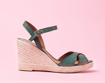 Khaki leather wedge espadrilles, women leather espadrilles wedge sandal, beige leather women wedge sandals, low heel wedge sandal
