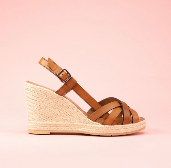 Camel Leather Wedge Espadrilles, Women Leather Espadrilles  display picture 1