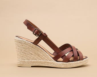 Dark green leather wedge espadrilles, kaki leather espadrilles wedge sandal, kaki women wedge sandals, heel wedge sandal