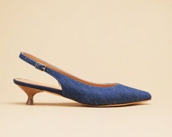 Jeans kitten hell slingback, navy jeans heel slingback, blue pointy slingback, pointy slingback low heel pump