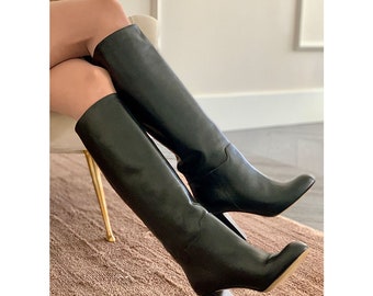 Schwarze Lederstiefel, Damenstiefel, klassische italienische schwarze Lederstiefel, Damen-Lederstiefel mit Absatz, Lederschlauchstiefel, Absatzstiefel, Doun