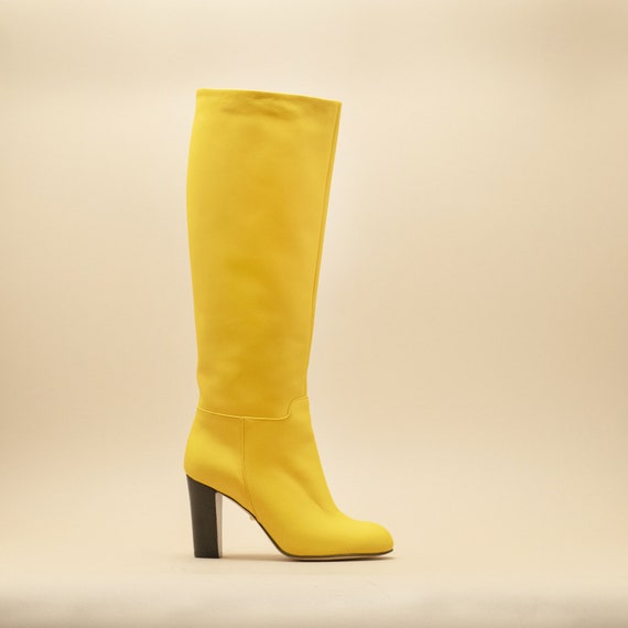 激安挑戦！！ Yellow Leather Knee High Boots, Women Leather High Boots Tシャツ(長袖/七分)
