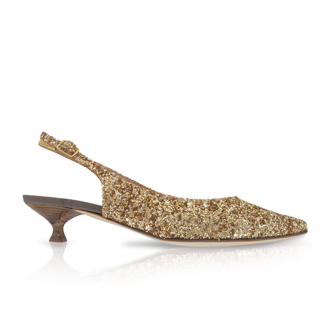 Gold Glitter Pointy Kitten Heel Pump, Gold Kitten Heel Slingback