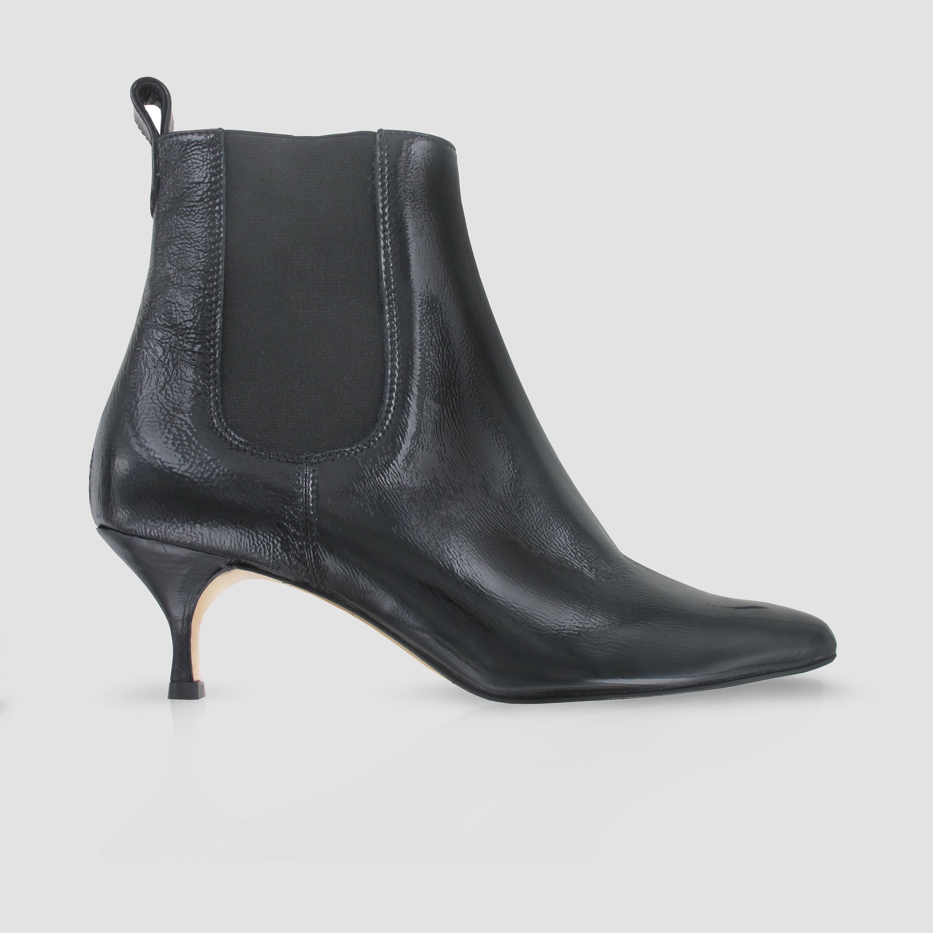 Pointy Woman Chelsea Boots, Black Patent Pointy Boots, Low Heel Ankle
