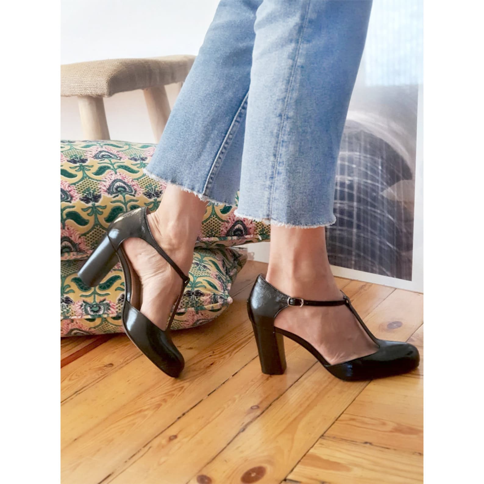 T Strap Black Leather Shoes, Black Patent Leather T Strap Heel