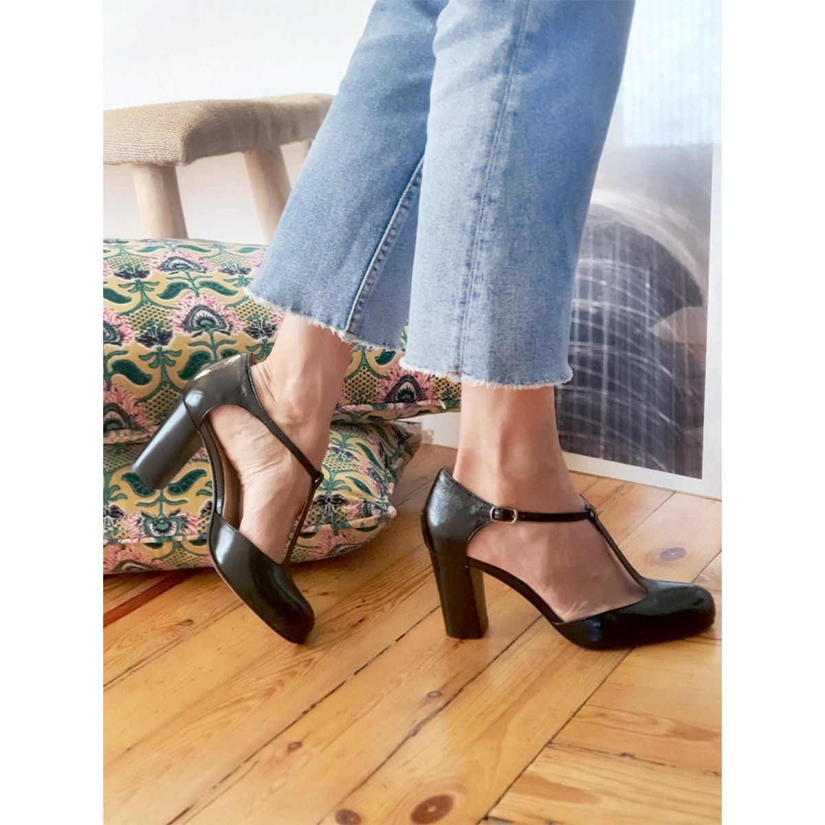 T Strap Black Leather Shoes, Black Patent Leather T Strap T Strap Black Leather Shoes, Black Patent Leather T Strap