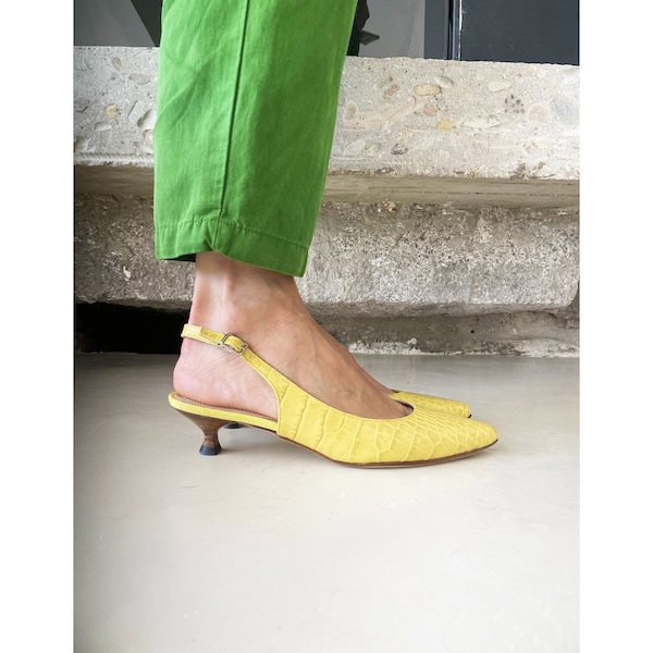 Yellow leather pointy kitten heel pump, yellow crocodile stamped kitten heel slingback, yellow leather pointy shoes, pointy balletflats