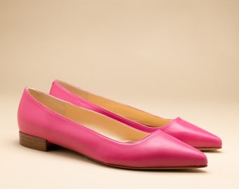 Fushia  patent pointy leather flats, Fushia leather pointy ballerina, Pointed toe flats, pink pointy ballet flat shoes, flats, Jules