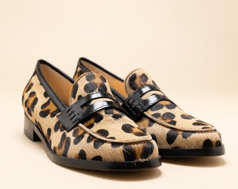 Woman leopard print loafer, woman loafer, Leopard print flat shoes, leather woman loafer