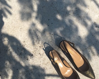 Black leather glitter pointy kitten heel pump, gold kitten heel slingback, glitter pointy shoes, gold pointy balletflats