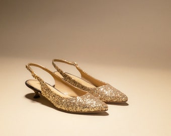 Gold Glitter Pointy Kitten Heel Pump Gold Kitten Heel Slingback