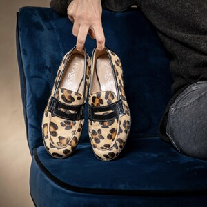 Woman leopard print loafer, woman loafer, Leopard print flat shoes, leather woman loafer image 1
