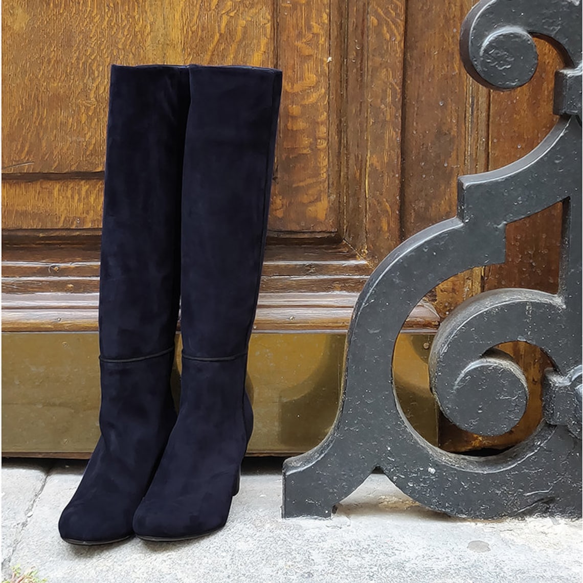 navy leather boots knee high