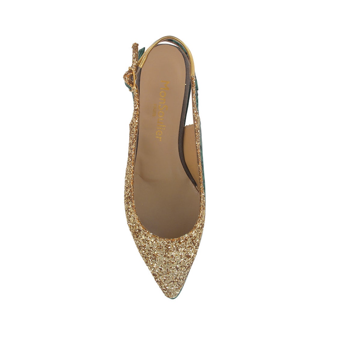 Gold Glitter Pointy Kitten Heel Pump, Gold Kitten Heel Slingback