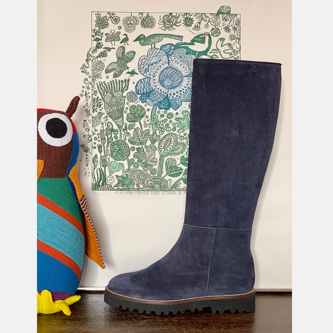 navy blue flat boots