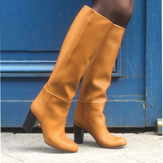 Cognac leather knee high boots Beige 