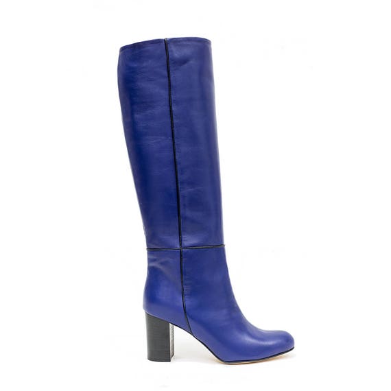 Indigo blue leather knee high boots 